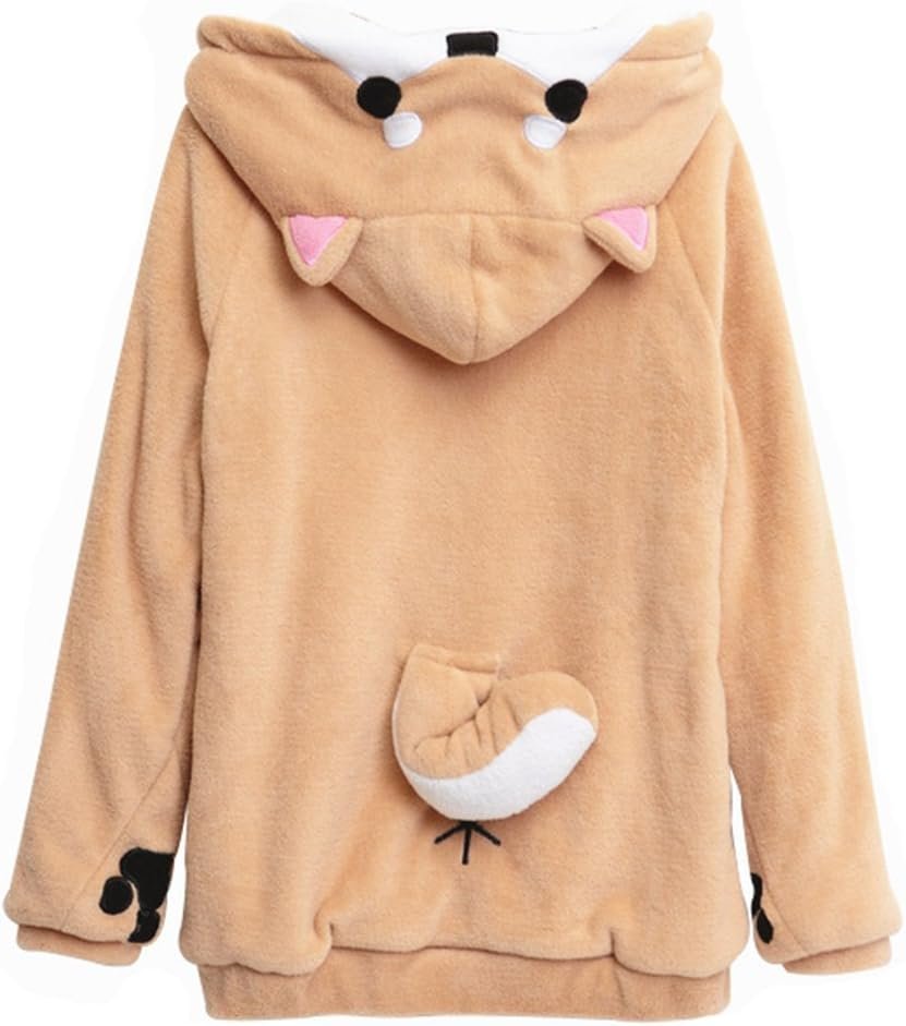 CORIRESHA Cute Coral Velvet Long Sleeve Shiba Inu Dog Embroidery Home Wear Hoodie for Women