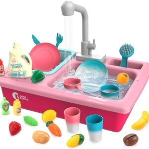 CUTE STONE Color Changing Play Kitchen Sink Toys, Children Electric Dishwasher Playing Toy with Running Water,Upgraded Real Faucet and Play Dishes,Pretend Role Play Toys for Kids Boys Girls