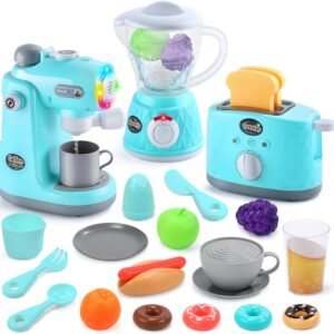 CUTE STONE Kids Kitchen Playset, Toy Kitchen Appliance Sets with Working Coffee Maker, Blender & Toaster, Realistic Sounds & Light, Includes Kids Kitchen Accessories & Play Food for Boys & Girls