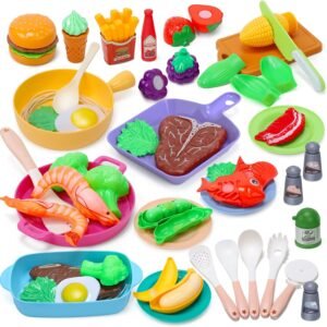 CUTE STONE Kids Play Kitchen Toy Accessories, Toddler Pretend Cooking Playset with Toys Cookware and Utensils, Toys Food for Cutting Play, Kids Cooking Set Education Learning Gift for Boys Girls