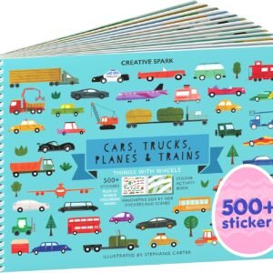 Cars, Trucks, Planes & Trains 500+ Kids Sticker Book by Cupkin Fun Toddler Travel Activity Coloring and Sticker Book, 12 Coloring Pages + Scenes for Children's of 2-8 Years, Easter Gifts for Kids
