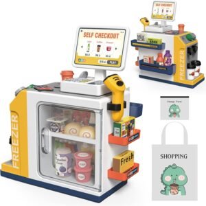 Cash Register Playset for Kids - 48PCS Pretend Play Money, Calculator, Scanner, Credit Card and Play Food for Boys and Girls Ages 3+ (668-125)