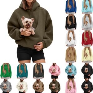Cat Pouch Hoodie for Women Kangaroo Pocket Dog Pouch Sweatshirts Pet Carrier Pullover Animal Holder Solid Color Tops