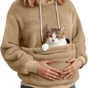 Cat Pouch Hoodie for Women Oversized Fleece Kangaroo Pocket Sweatshirt Pet Carrier Holder Long Sleeve Pullover Tops