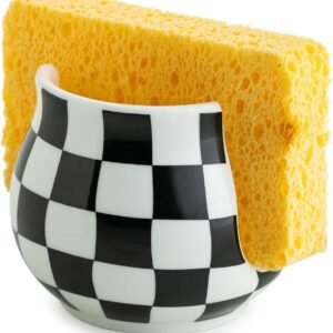 Checkered Sponge Holder for Kitchen Sink, Ceramic Dish Sponge Dish Rack Scrubby Holder Kitchen Organizer Cute Sink Caddy Organizer, Farmhouse Decor, Black and White