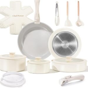 Chef Power Ceramic Nonstick Pots and Pans Set 19 Piece with Detachable Handle, Induction Dishwasher Oven Safe Cookware Set, RV Kitchen Set Removable Handle, Granite Grey and White