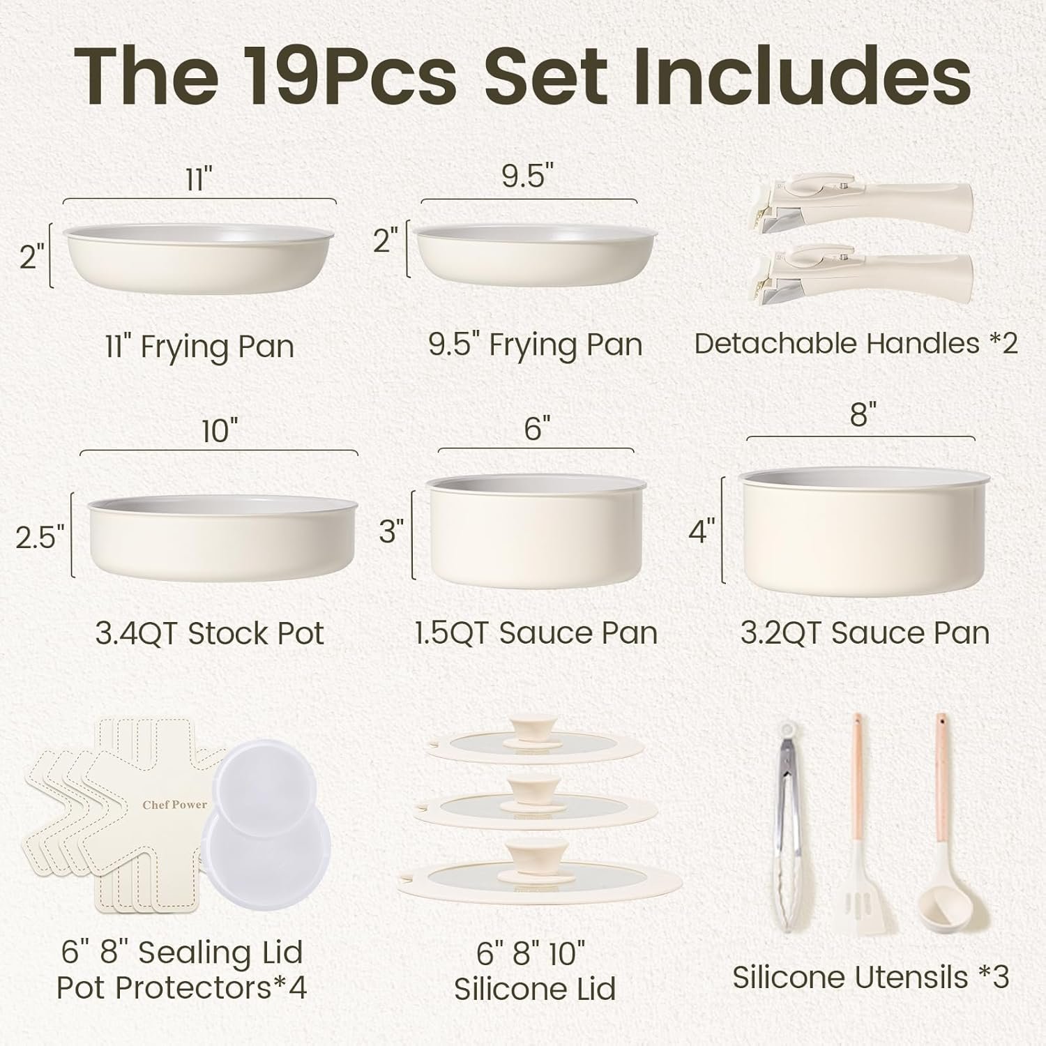 Chef Power Ceramic Nonstick Pots and Pans Set 19 Piece with Detachable Handle, Induction Dishwasher Oven Safe Cookware Set, RV Kitchen Set Removable Handle, Granite Grey and White - Image 2