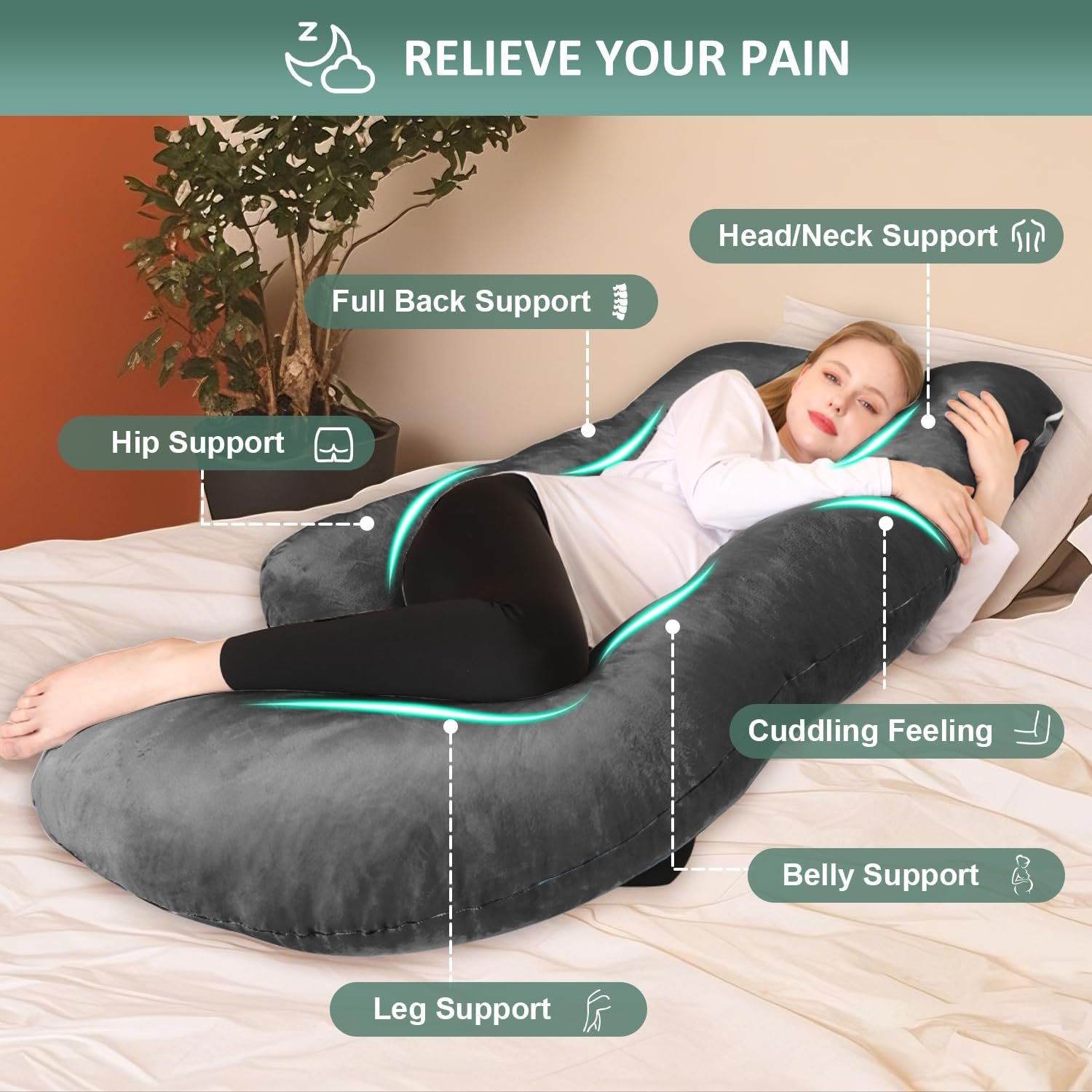 Chilling Home Pregnancy Pillow, U Shaped Pregnancy Pillows for Sleeping Full Body Pillow Maternity Pillow for Pregnant Women 58 inch, Pregnant Women Must Have with Removable Cover, Black - Image 2