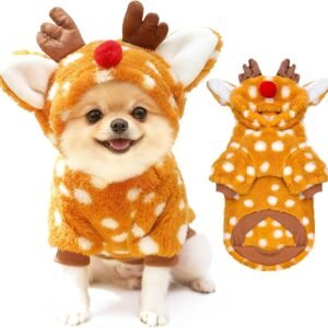 Christmas Dog Sweater with Hood Elk Costume Hoodie Soft Fleece Winter Warm Puppy Clothes for Small Dogs XS-XXL, Christmas Outfit for Cats & Dogs(Brown,Moose,Small)