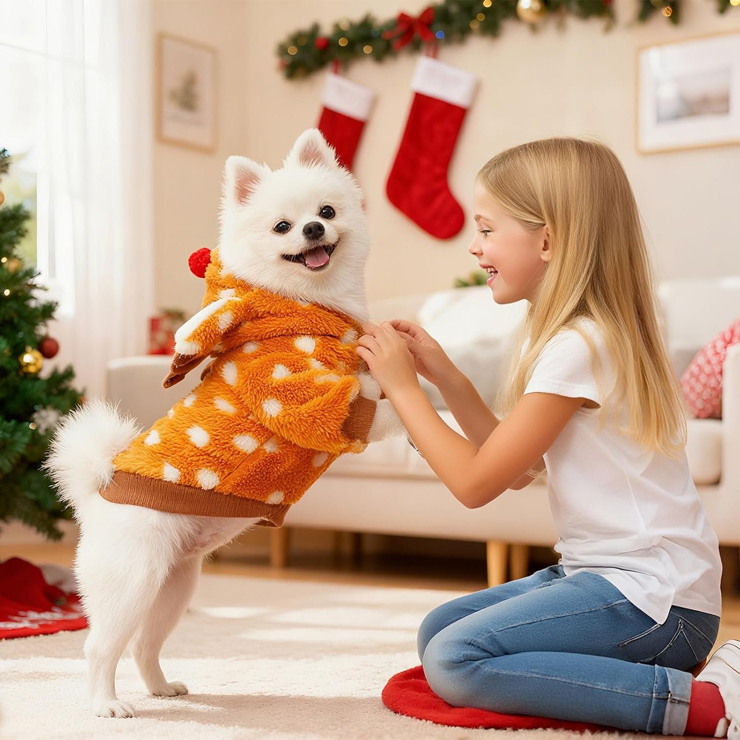 Christmas Dog Sweater with Hood Elk Costume Hoodie Soft Fleece Winter Warm Puppy Clothes for Small Dogs XS-XXL, Christmas Outfit for Cats & Dogs(Brown,Moose,Small) - Image 2