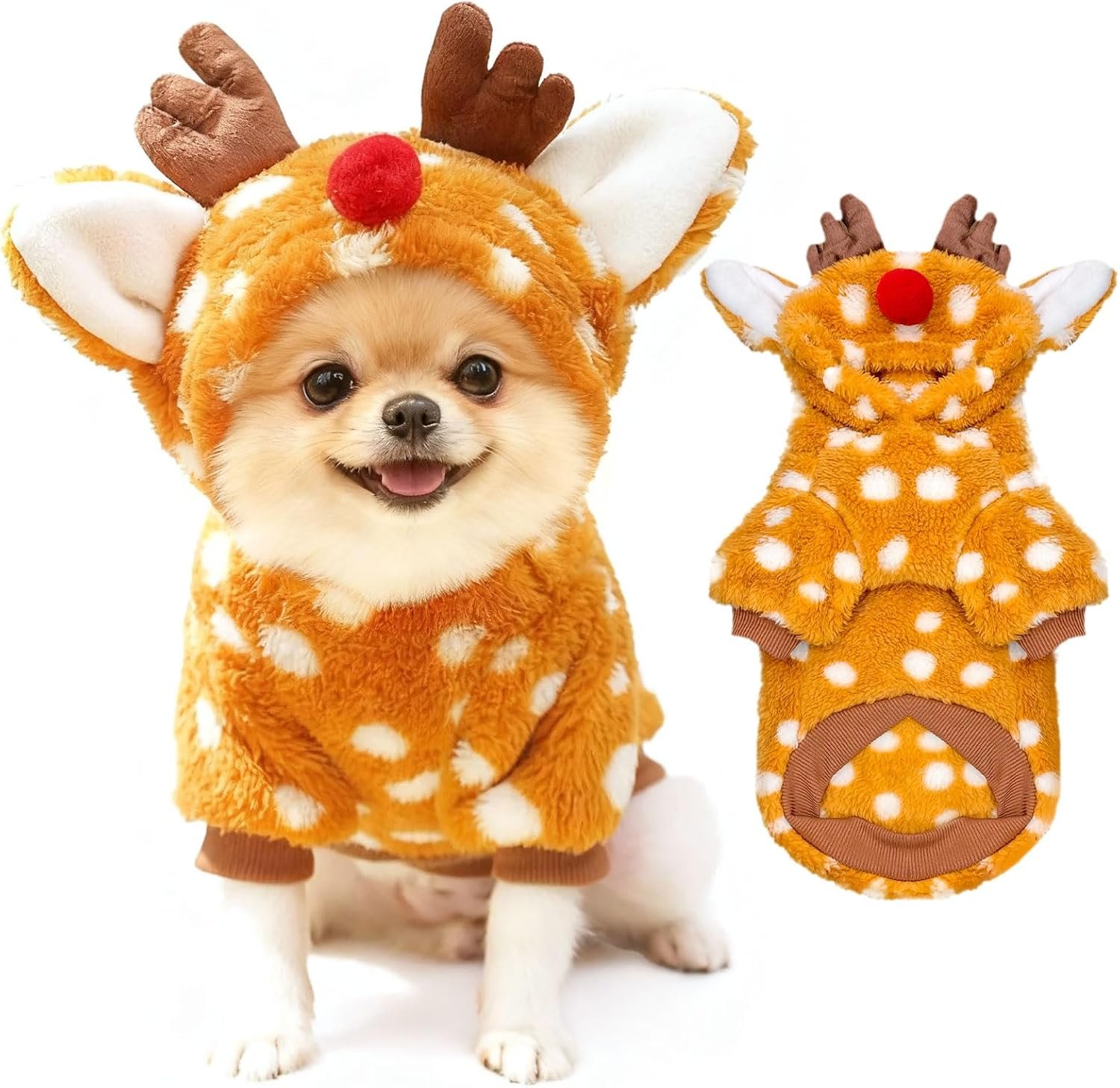 Christmas Dog Sweater with Hood Elk Costume Hoodie Soft Fleece Winter Warm Puppy Clothes for Small Dogs XS-XXL, Christmas Outfit for Cats & Dogs(Brown,Moose,Small)