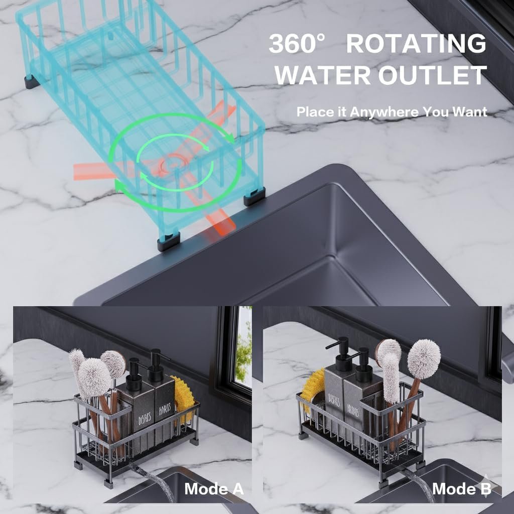 Cisily Kitchen Soap Dispenser Set with Sink Caddy, 12 Oz Glass Bottle, Hand and Dish Soap Dispenser Set with Sponge Holder, Black Stainless Steel Kitchen Countertop Sink Organizer Accessories - Image 2