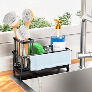 Cisily Sponge Holder for Kitchen Sink, Sink Caddy Organizer with High Brush Holder, Kitchen Countertop Organizers and Storage Essentials, Rustproof 304 Stainless Steel (Black with Towel Rack, 9.25″)