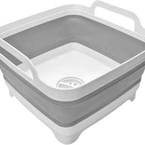 Collapsible Wash Basin 9L, Foldable Dish Tub with Drain Plug, Portable Collapsible Dish Basin, Camping Sink for Washing Dishes, Laundry & Kitchen Use,Gray