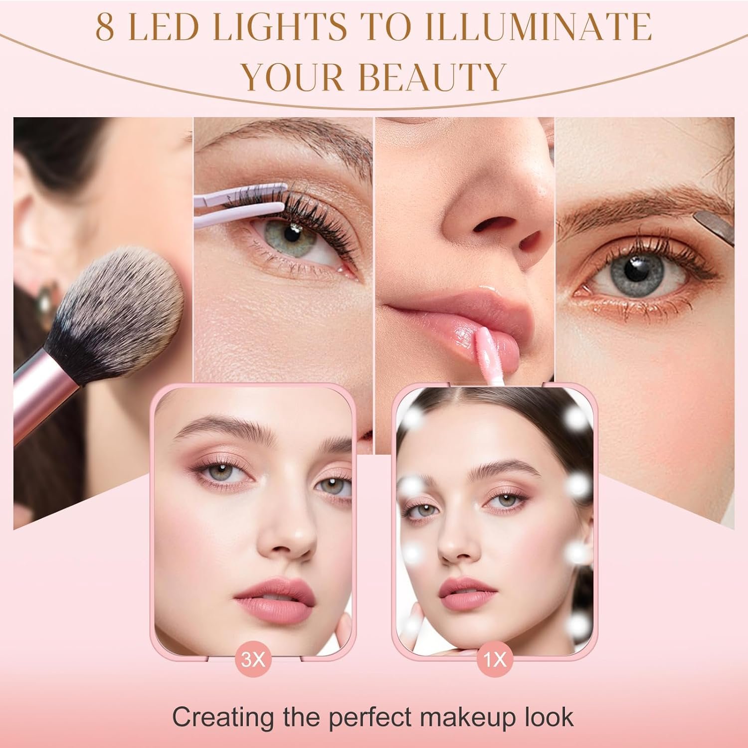 Compact Mirror, 1X/3X Magnification LED Pocket Mirror with Nternal BIattery, Mini Mirror for Purse, Pocket,Travel and Present (Pink) - Image 2