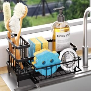 Consuemst Sponge Holder for Kitchen Sink - Auto Draining Sink Caddy Organizer with Detachable Rack, High Brush Holder, Kitchen Countertop Storage Accessories, Black