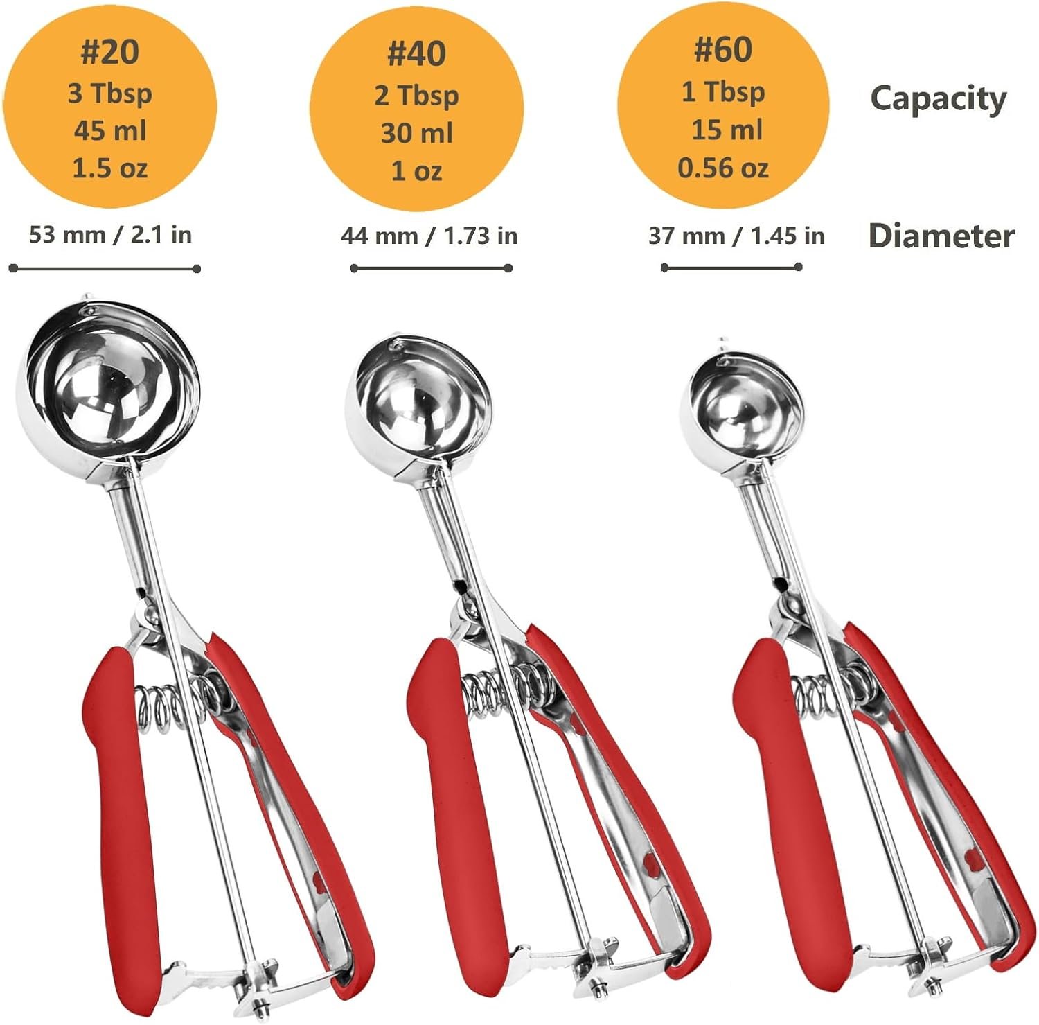 Cookie Scoop Set, 3Pcs Ice Cream Scoop, Cookie Scoops for Baking Set of 3, 18/8 Stainless Steel Cookie Scooper for Baking, Ice Cream Scooper with Trigger Release, Red Soft Grip Cookie Dough Scoop - Image 2