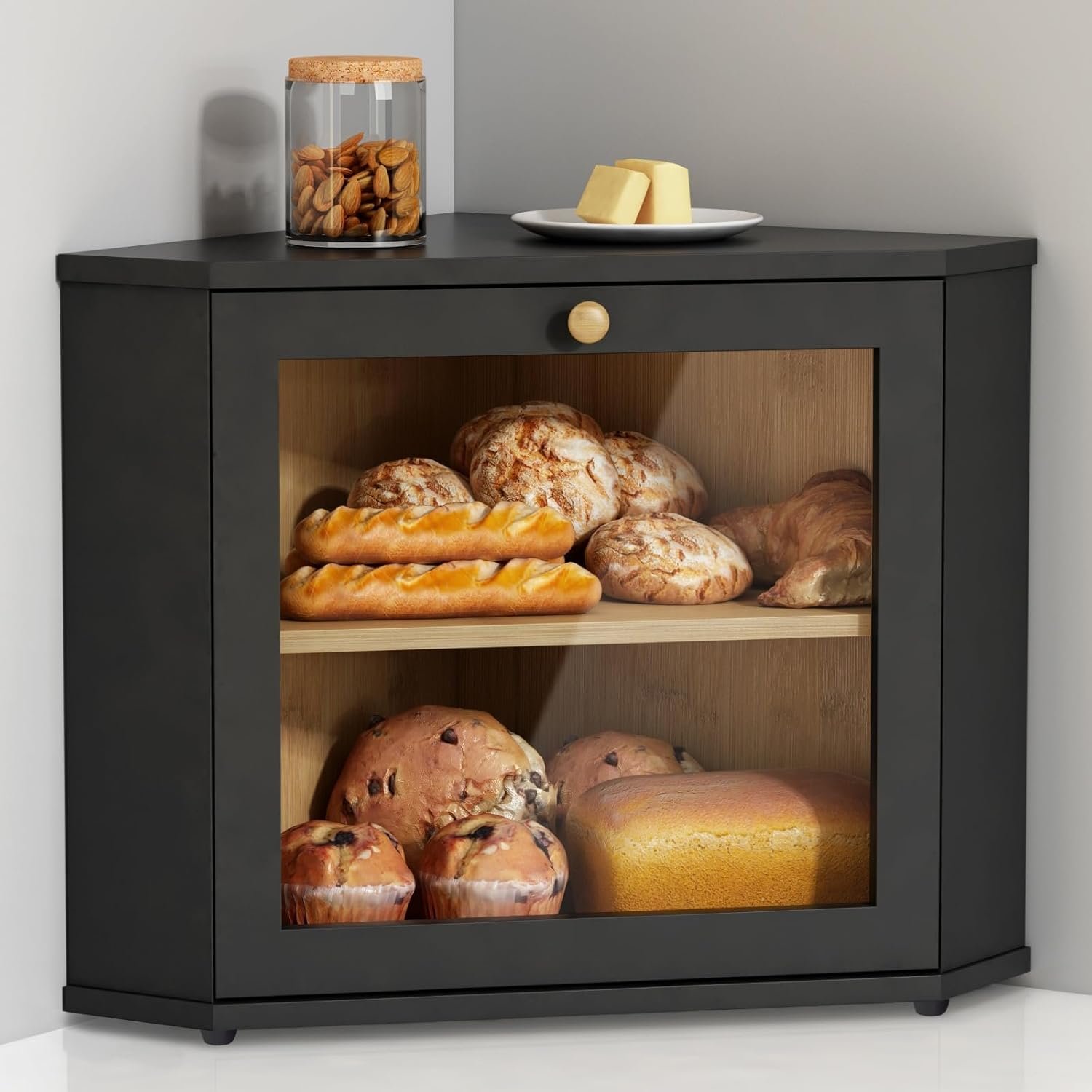 Corner Bread Box for Kitchen Countertop, Black Bread Storage Container for Homemade Bread, Two Layer Breadbox under Cabinet Mount, Large Bread Holder for Kitchen Counter, Pantry Shelf