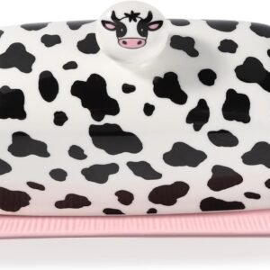 Cow Butter Dish With Lid for Countertop - Cute Funny Ceramic Cover Pink Kitchen Decor, Vintage Large Farmhouse Kitchen Accessories