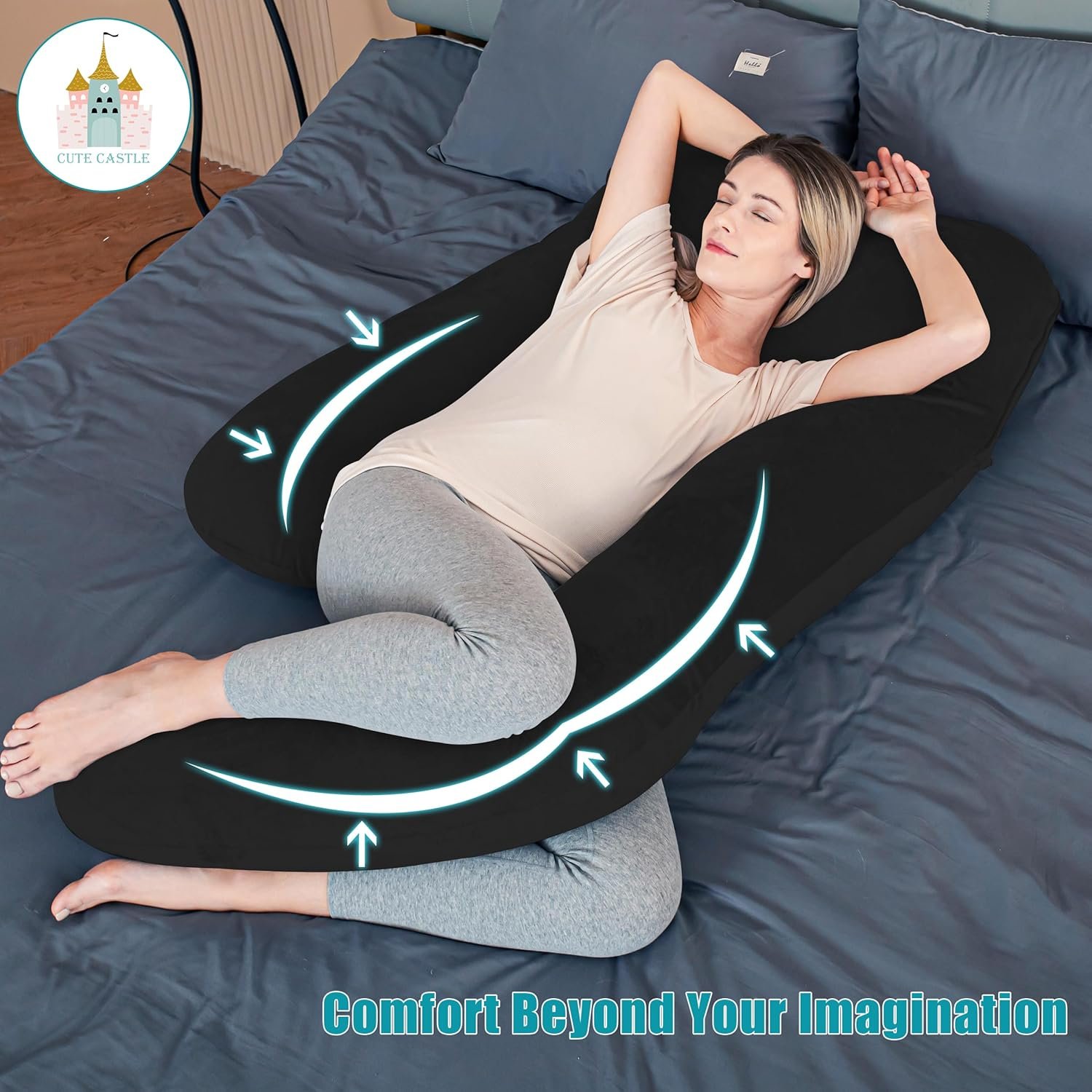 Cute Castle Pregnancy Pillows, Soft U-Shape Maternity Pillow with Removable Cover - Full Body Pillows for Adults Sleeping - Pregnancy Must Haves - Jumbo 57 Inch - Black - Image 2