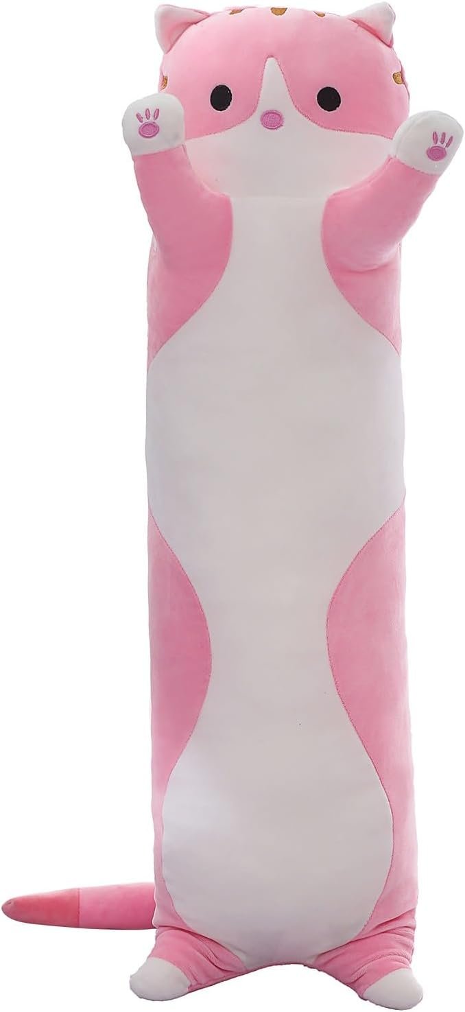 Cute Cat Plush Long Body Pillow – Soft Cartoon Stuffed Animal Doll, Kawaii Cat Plushie Cuddle Toy Gift for Kids, Girls & Girlfriend (Pink, 19.7 Inch)