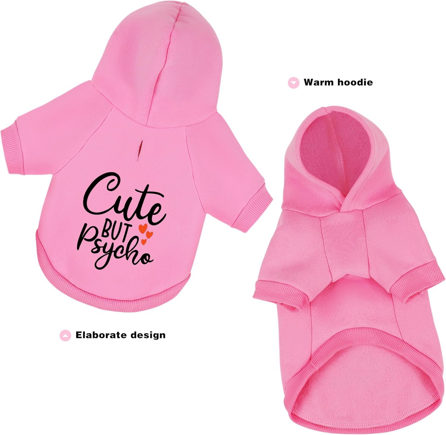 Cute but Psycho Dog Hoodie - Warm and Soft Dog Sweatshirt with Leash Hole, Fun Slogan Print, Cozy Winter Coat for Small Medium Dogs and Cats, Perfect for Cold Weather and Daily Walks.Pink S - Image 2