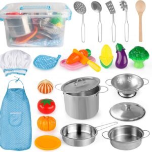 D-FantiX Play Kitchen Accessories, Kids Play Pots and Pans Playset with Mini Stainless Steel Pretend Play Cooking Toys, Cookware Utensils, Apron and Chef Hat, Cutting Food for Toddler Boys Girls