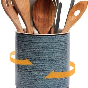 DOWAN 360° Rotating Extra Large Cooking Utensil Holder, 7.6" Kitchen Utensil Holder for Countertop, Utensil Crock for Farmhouse Kitchen Decor, Ceramic Stable Utensil Caddy, Blue