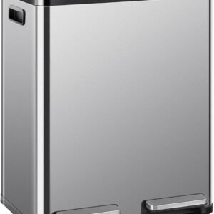 DUMOS Kitchen Trash Can, 2×8-Gallon Garbage Can with Lid, Stainless Steel Trash Bin with 2 Removable Inner Buckets, Soft-Close Foot Pedal, Fingerprint-Resistant for Kitchen Home Office