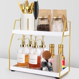 DWTS Coffee Bar Accessories,Coffee Station Organizer with Multi-Functional,CoffeeBar Decor for Accessories,2 Tier Wooden Shelf Gold Metal Station Organizer for Countertop,Syrup