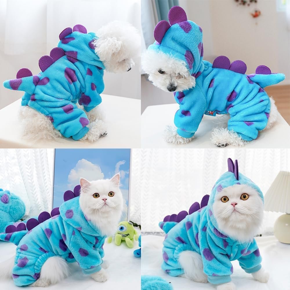 Dinosaur Pet Costume Hooded Jumpsuit for Small Dogs Cats, Soft Flannel Warm Four-Legged Clothing with Leash Hole, Funny Cosplay Outfit for Easter Halloween Christmas (Small, Dinosaur)