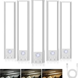 Diomart Under Cabinet Lights Motion Sensor, Rechargeable Puck Lights Wireless with Adhesive, Dimmable Kitchen Closet Lighting, 3 Color Temperature Adjustable, Auto On/Off for Stairs, Counter, 5 Pack