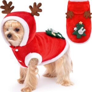 Dog Christmas Costume Funny Dog Christmas Outfit Cute Santa Hoodie for Small Medium Dogs with Reindeer Antler Hood for Cats Dogs Puppy Pets Holiday