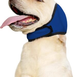 Dog Ear Muffs & No Shake Ear Wrap for Hematoma, Bathing, Drying & Noise Anxiety Relief - Elastic Waterproof Ear Protector with Calming Hoodie Design for Grooming (Blue, S)