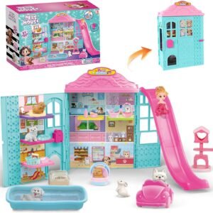 Doll Pets House, Doll Playset with Cats, Furniture, Pet Bowl, Cat Litter Box, Pool Accessories, DIY Pretend Toys for 3 4 5 6 7 8 9 10 Year Old Kids