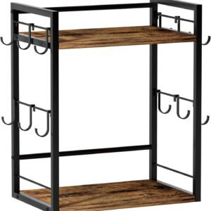 Dorhors 2 Tier Coffee Bar Accessories and Organizer,Multi-functional Mug Holder with 12 Hooks,Wood Coffee Station Organizer,Kitchen Countertop Shelf (Rustic Brown)