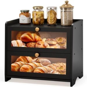 Double Layer Bread Box for Kitchen Countertop, Large Breadbox Bread Container Storage with Acrylic Door, Wooden Farmhouse Bread Holder (Black, Medim-15.7" L x 9.5" W x 13" H)