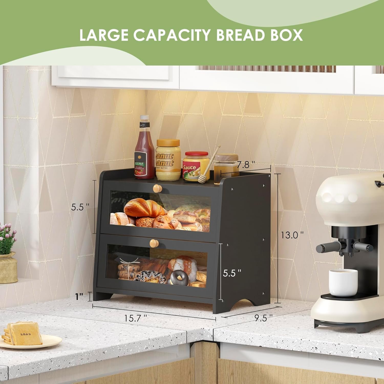 Double Layer Bread Box for Kitchen Countertop, Large Breadbox Bread Container Storage with Acrylic Door, Wooden Farmhouse Bread Holder (Black, Medim-15.7" L x 9.5" W x 13" H) - Image 2
