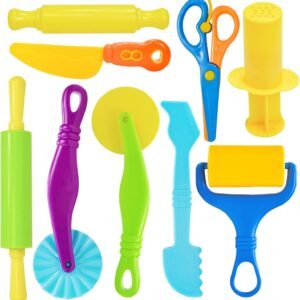 Dough Tool Set, 9 Pcs Dough Tools Sets for Kids Ages 4-8, Dough Accessories Includes Cutters Roller, Rolling Pins, Safety Scissors, Plastic Knife, Plastic Rollers