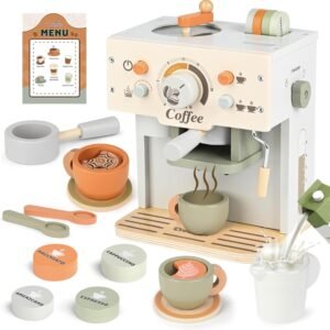 Dreamon Toy Coffee Maker for Kids Kitchen Set, Wooden Kitchen Accessories Pretend Play Toddler Coffee Playset, Kids Café Machine Birthday Gifts for Boys Girls Ages 3 4 5 6 Years