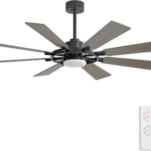 ELEHINSER 72 Inch Ceiling Fan with Lights and 3 Downrods, 8 Plywood Blades, 6-Speed Noiseless Reversible DC Motor, 3CCT, Windmill Ceiling fan for Kitchen Bedroom Living Room, Black and Grey