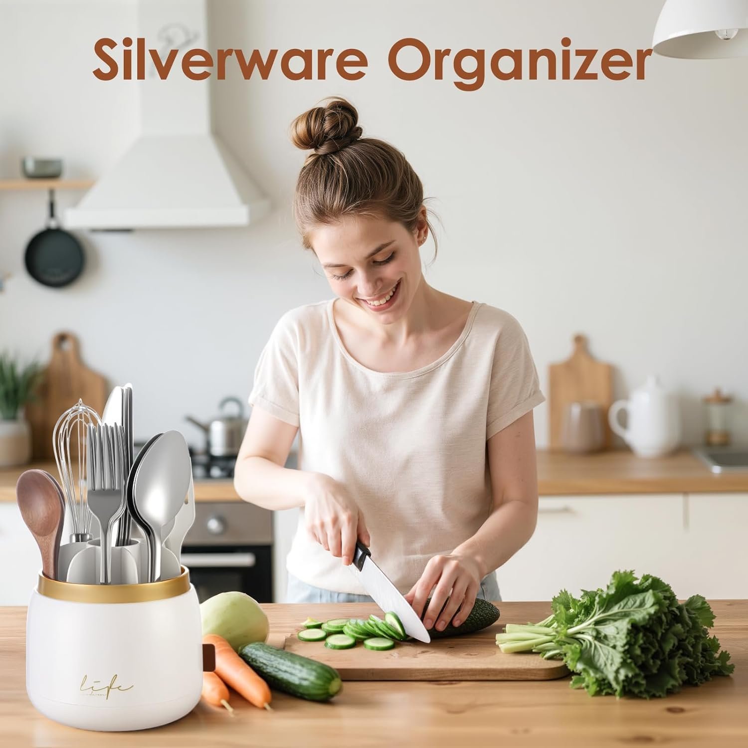 EXIN DECHEN 360° Rotation Silverware Organizer for Kitchen Counter,Utensil Holder Caddy Silverware Caddy Holder for Party,Spoon and Fork Organizer,7 Slots and Intermediate Drainage Device with Cover - Image 2