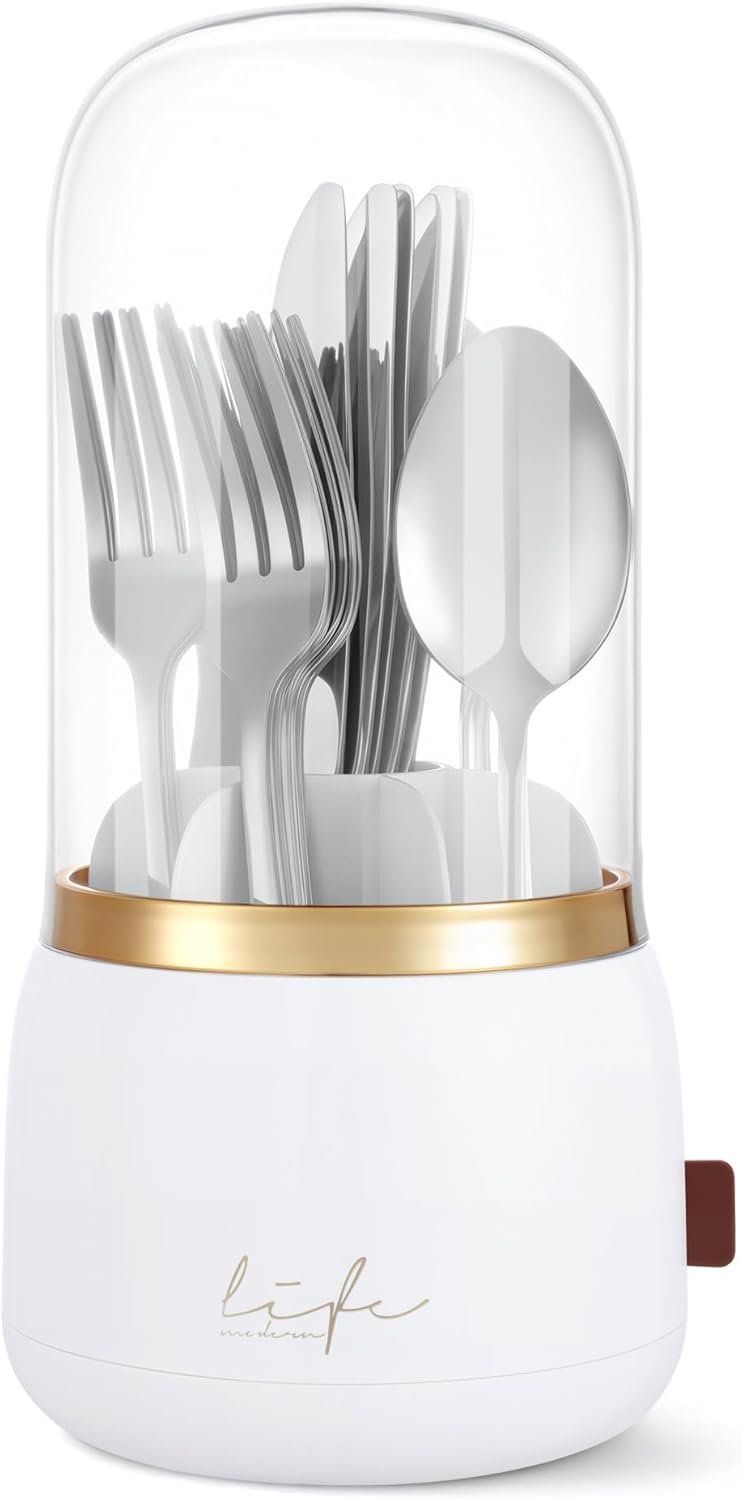 EXIN DECHEN 360° Rotation Silverware Organizer for Kitchen Counter,Utensil Holder Caddy Silverware Caddy Holder for Party,Spoon and Fork Organizer,7 Slots and Intermediate Drainage Device with Cover