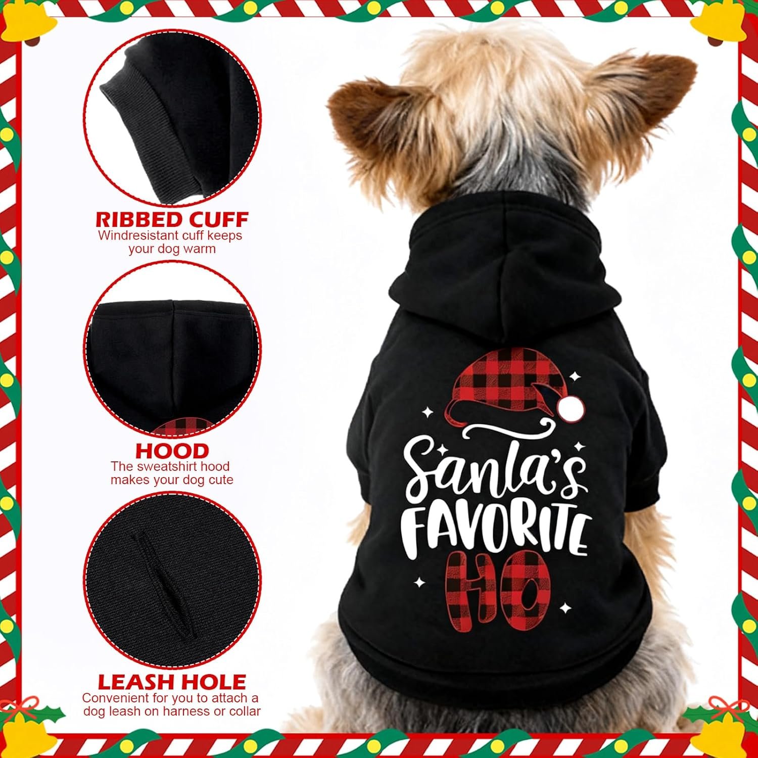 EXPAWLORER Dog Christmas Hoodie - Dog Christmas Sweater Xmas Sweatshirt with Santa Hat Print, Warm Fleece Lined Holiday Pet Outfit with Leash Hole, Cozy Soft Pet Clothes for Small Dogs Cat Puppy, XS - Image 2