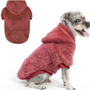 EXPAWLORER Fuzzy Dog Sweaters, Double-Sided Plush Fleece Soft Doggie Hoodie with Leash Hole, Pet Cold Weather Clothes Winter Coat, Sherpa Hooded Sweatshirt for Small Medium Large Dogs(Maroon S)