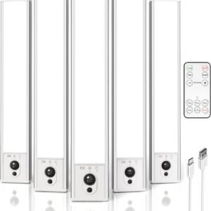 EZVALO 5-Pack Under Cabinet Lighting, 2400mAh Motion Sensor Light, LED Closet Lights Wireless, 6500K Dimmable, Timer, Magnetic, with Remote Control for Kitchen, Closet, Stair