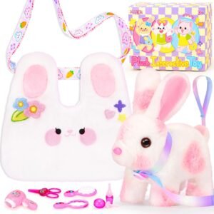 Easter Bunny Toys for Kids with Crossbody Bags, Easter Basket Stuffers Interactive Hopping Wiggle Ears Rabbit Toy, Pretend Play Robot Pet Care Cute Stuff for Girls Trip Plushies Birthday Gifts
