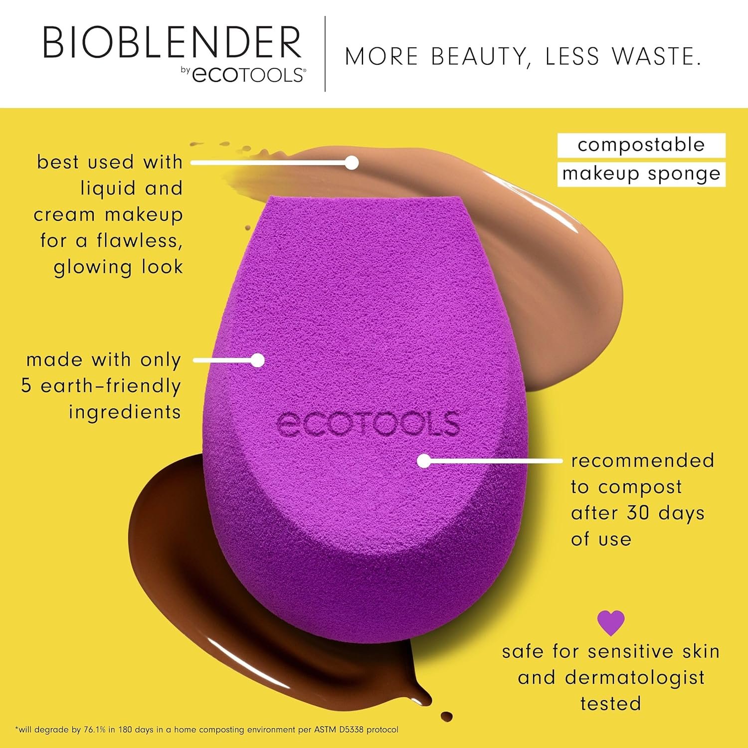 EcoTools Bioblender Makeup Sponge, Compostable Makeup Blender, For Liquid & Cream Foundation, Sustainable, Seamless Application, Eco-Friendly Beauty Sponge, Cruelty-Free & Latex Free, 1 Count - Image 2