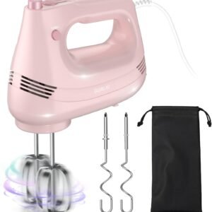 Electric Hand Mixer with Stainless Steel Whisk, Dough Hook Attachment and Storage Bag, Handheld Mixer for Baking Cakes, Eggs, Cream Food Mixers. Turbo Boost /5 Speed Kitchen Blender PINK