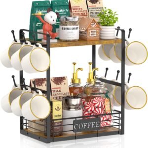 EsLuker.ly Coffee Mug Cup Holder Tree Bar Station Organizer, 2 Tier Mug Stand Rack for Countertop Kitchen, Storage Tower Display Shelf with 12 Hooks, Coffee Nook Enhancer, Vintage Brown Black